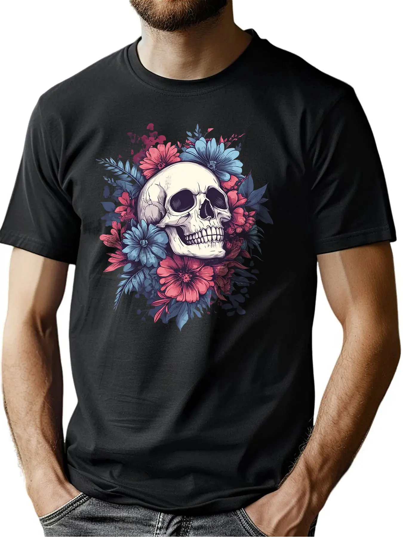 

Premium Cotton Men's Short Sleeve Tee With Skull Floral Print Christmas Gift Outdoor Comfort Machine Washable For Men