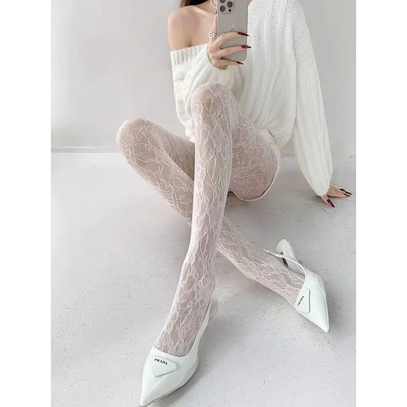 Weiße Damen-Netzstrümpfe, Sexy Fischnetz-Strumpfhose, Sommerliche Dünne Blumenmuster-Netzstrümpfe, Elastische Schlankheits-Strumpfhose mit Hoher Taille und Aushöhlungen