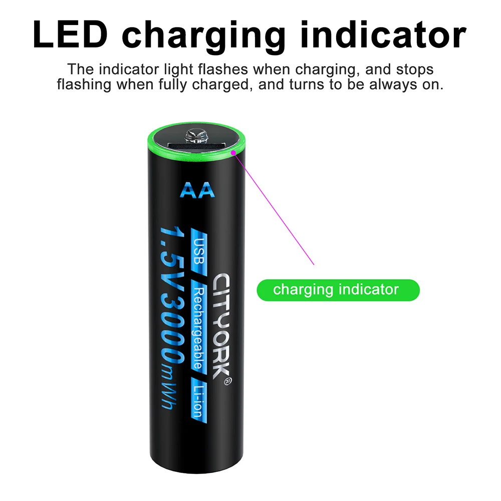 CITYORK 1.5V Li-ion AA Rechargeable Battery 3000mWh Type C USB Charging AA Lithium Battery AA 2A Cell For MP3 Player Thermometer