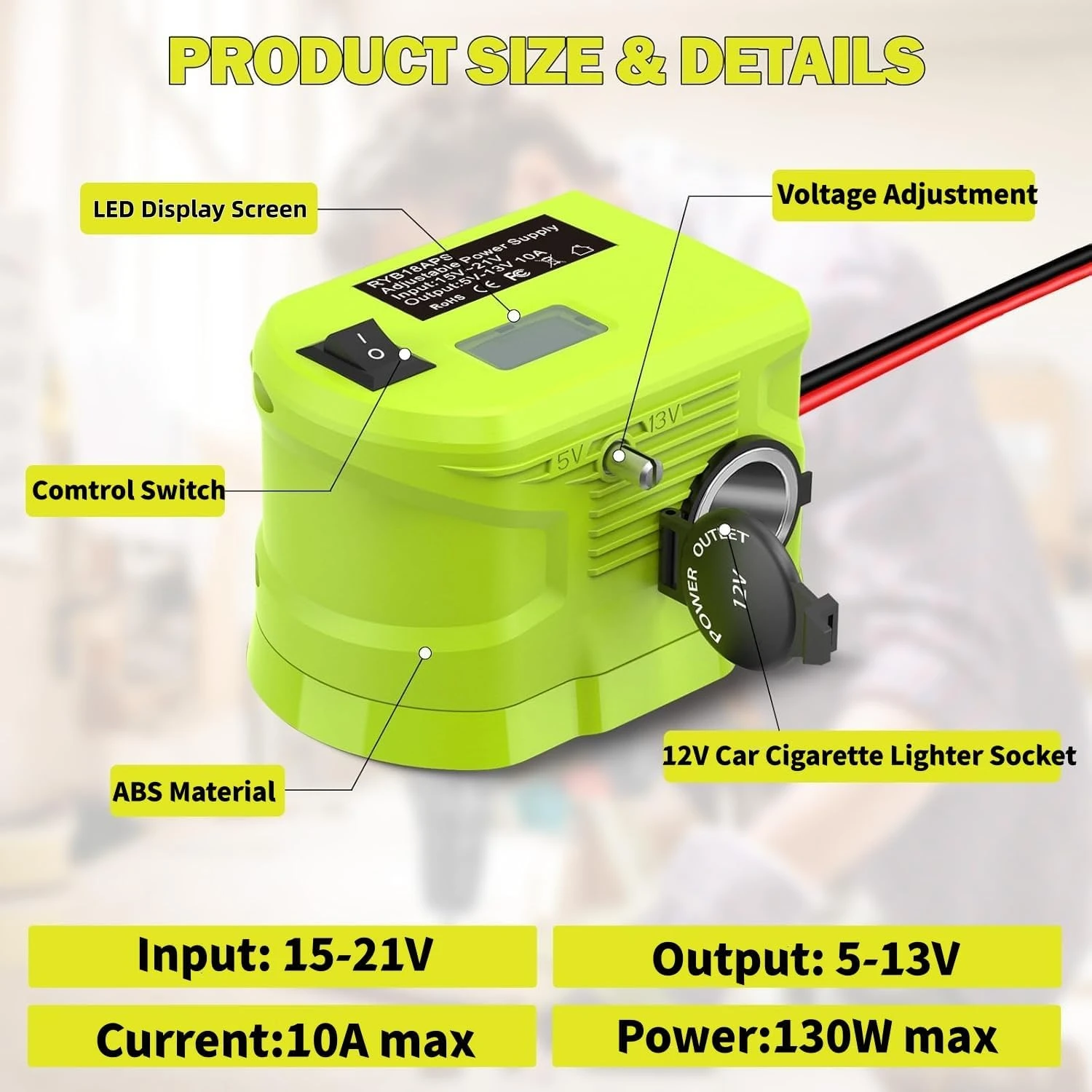 18V zu 12V Step-Down-Buck-Konverter für Ryobi 18V Akku 10A 130W Spannungsreduzierer mit Zigarettenanzünder-Anschluss für DIY RC-Auto – Detail 2