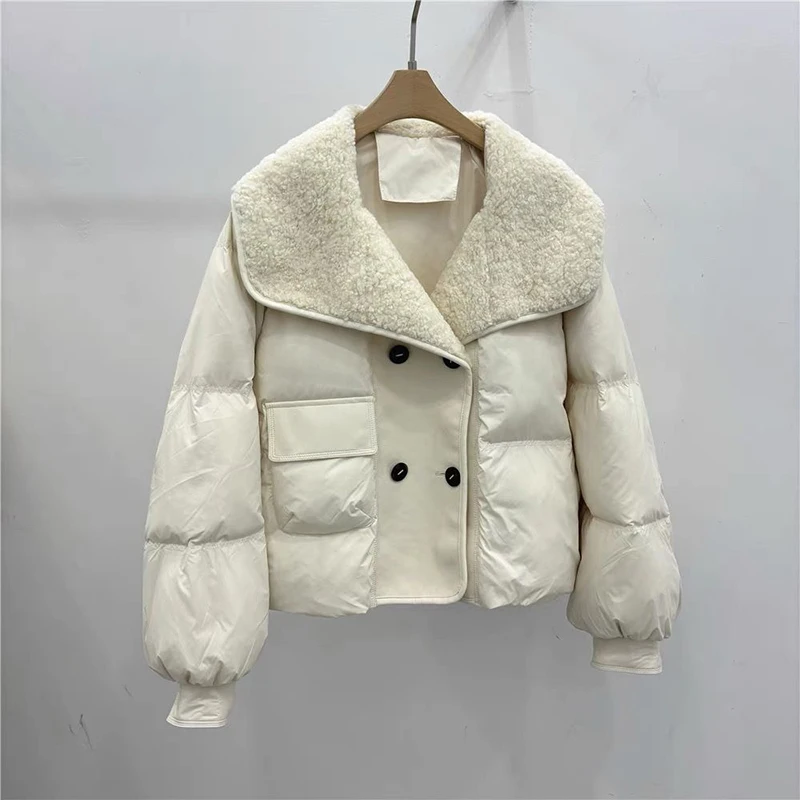 Winter Large Collar White Duck Down Jacket Short Winter Latest Lamb Fur PU White Duck Down Splicing Parka Women