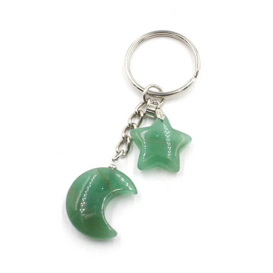 Healing Natural Stone Keychain Trendy Moon Star Charm Bead Pendant Silver Color Holder Key Ring Car Key Ring Bag Decor