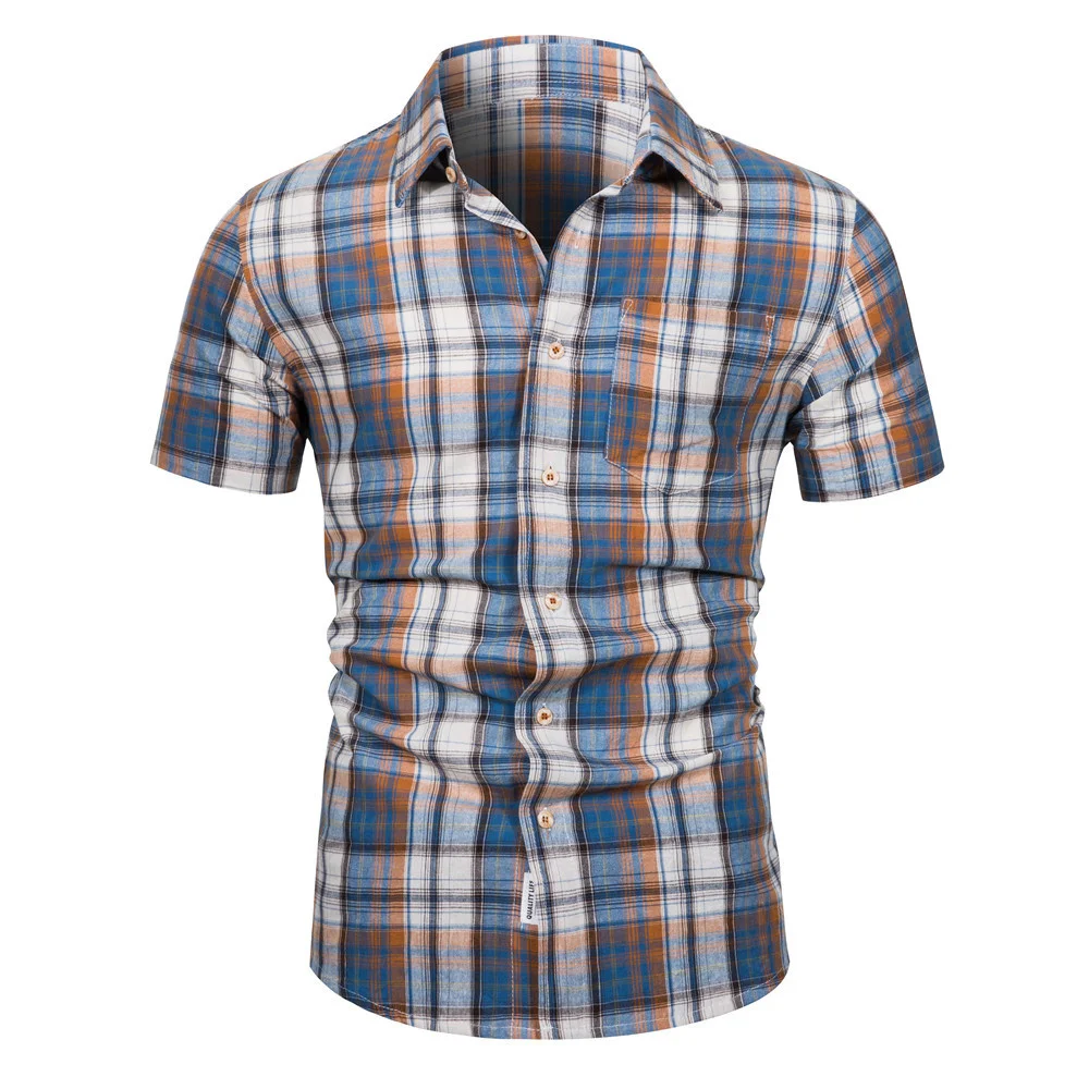 

2023 Brand Men Shirt Fashion Casual Plaid Shirts Short Sleeve Business Formal Slim Cotton Tops Camisa Social Masculina