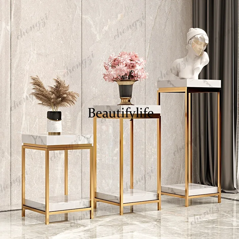 Light luxury marble flower rack, living room floor-to-ceiling high-end stainless steel rack, balcony advanced sense