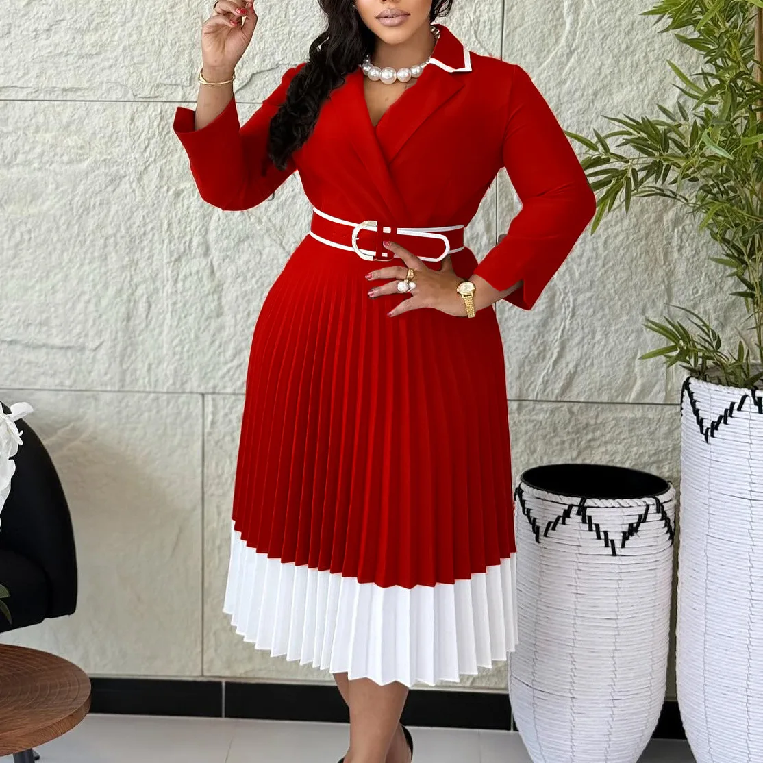 

Women's Contrast Midi Dress Fashion Lapel Collar Belted Pleated A-Line Gown Elegant Lady Formal Outfit For Parties Weddings