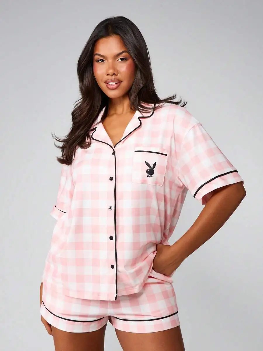 

Pink Checked Button Front Pajama Set With Pocket For Women