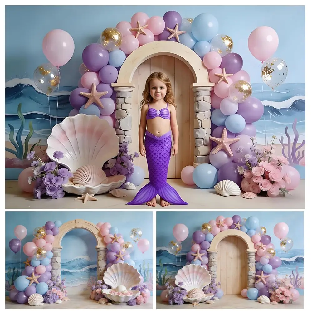 

Mermaid Theme Birthday Party Decor Backdrop Balloon Arch Door Shell Undersea Scenery Baby Shower Portrait Photography Background