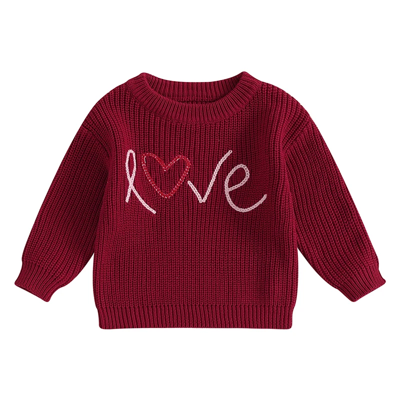 

Girls Valentine's Day Christmas Knit Sweater Long Sleeve O Neck Letter Embroidery Pullover Knitwear