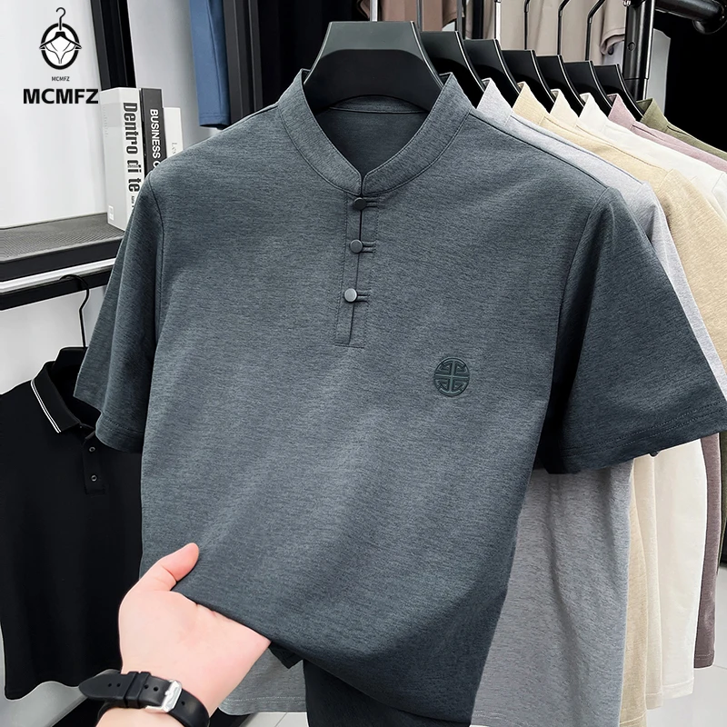 Men Casual Chinese Style Short Sleeve T Shirt Mandarin Collar Frog Button Embroidered Breathable Summer Wear