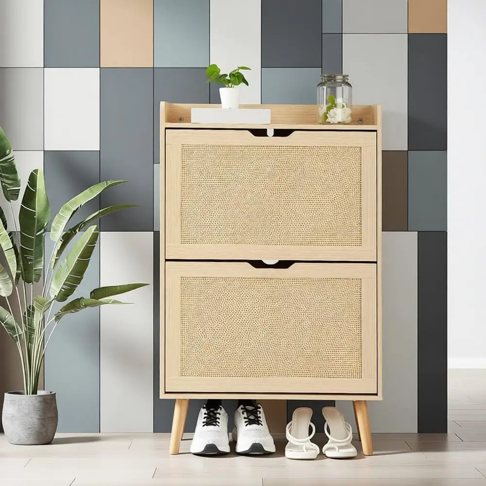 خزانة تخزين الأحذية المخفية مع درج قلاب وتصميم مضاد للطرف للمدخل والبهو والممر - منظم 12-15 زوجًا وإطار MDF