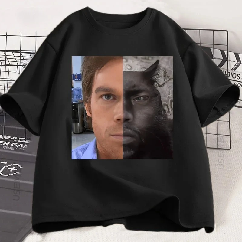 เสื้อยืดลายแมวหน้าตลกดีกซ์เตอร์ สำหรับผู้ชายและผู้หญิง เสื้อยืดแขนสั้นลำลอง คอกลม แขนสั้น