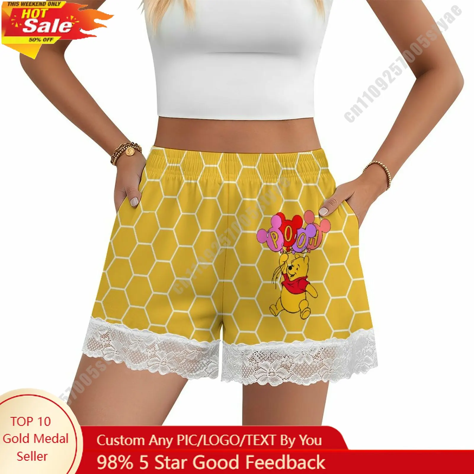 

Winnie The Pooh Short Pajama Pants Disney Cartoon Women Summer Lace Trim Thin Panties Custom Loose Home Casual Shorts
