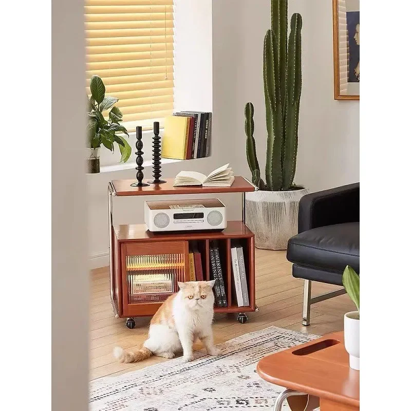 Nordic Solid Wood Magazine Cabinet with Wheels Vintage Side Storage Unit for Living Room Bedroom Japanese Style Bookshelf