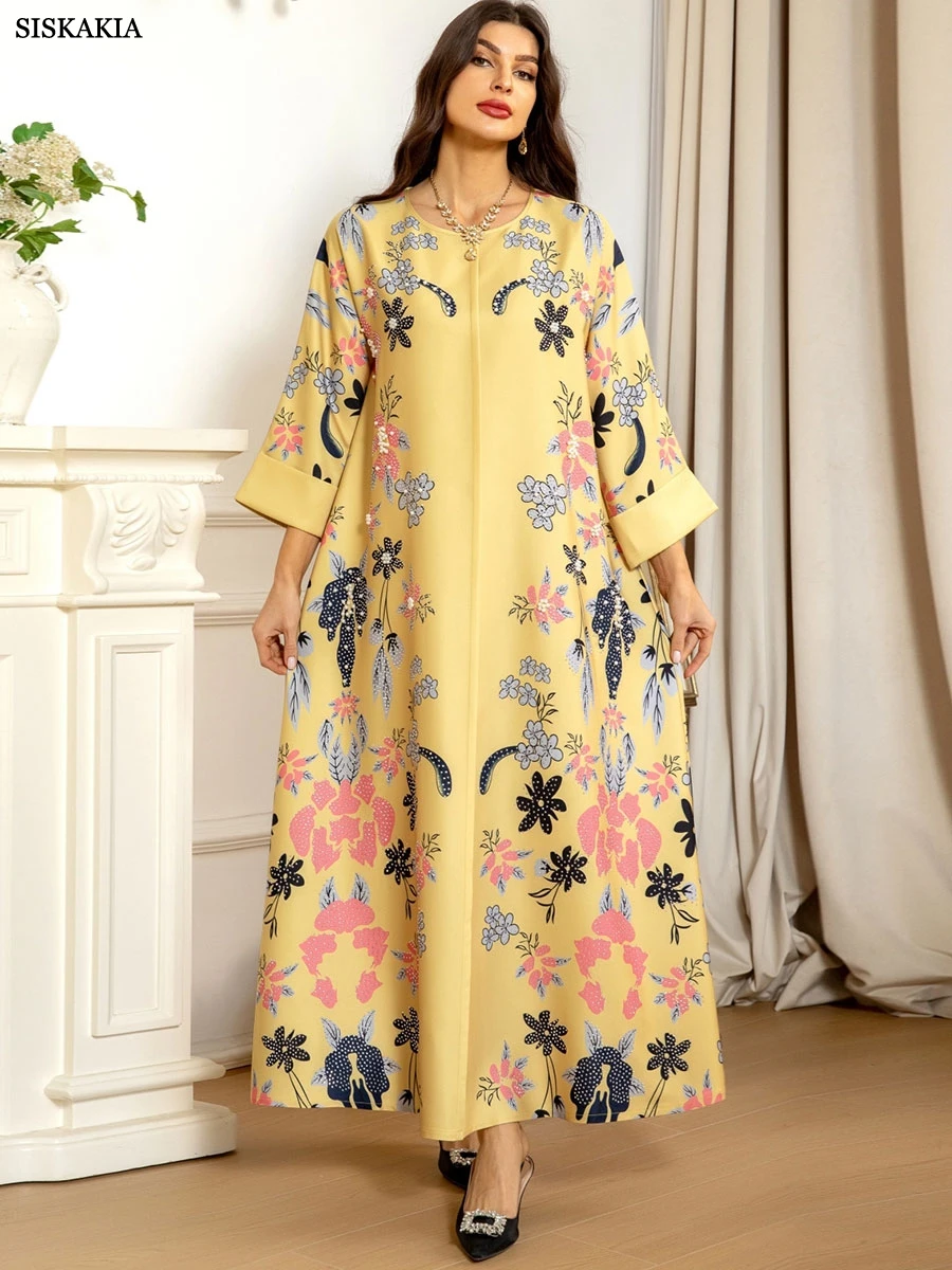 Siskakia Fashion Muslim Woman Abayas Burn Flowers Hot Drill O-Neck Long Dresses Arabic Robe Jalabiya Morocan Islamic Kaftan 2024