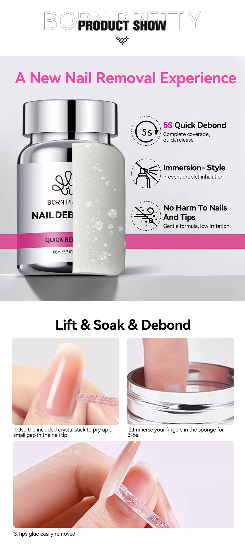 BORN PRETTY 80 ml Press-on Nail Debonder Glue Remover für gefälschte Nagelspitzen 5S Schnelle Entfernung Kein Schaden an Nägeln und Spitzen Kleberwerkzeuge – Detail 1