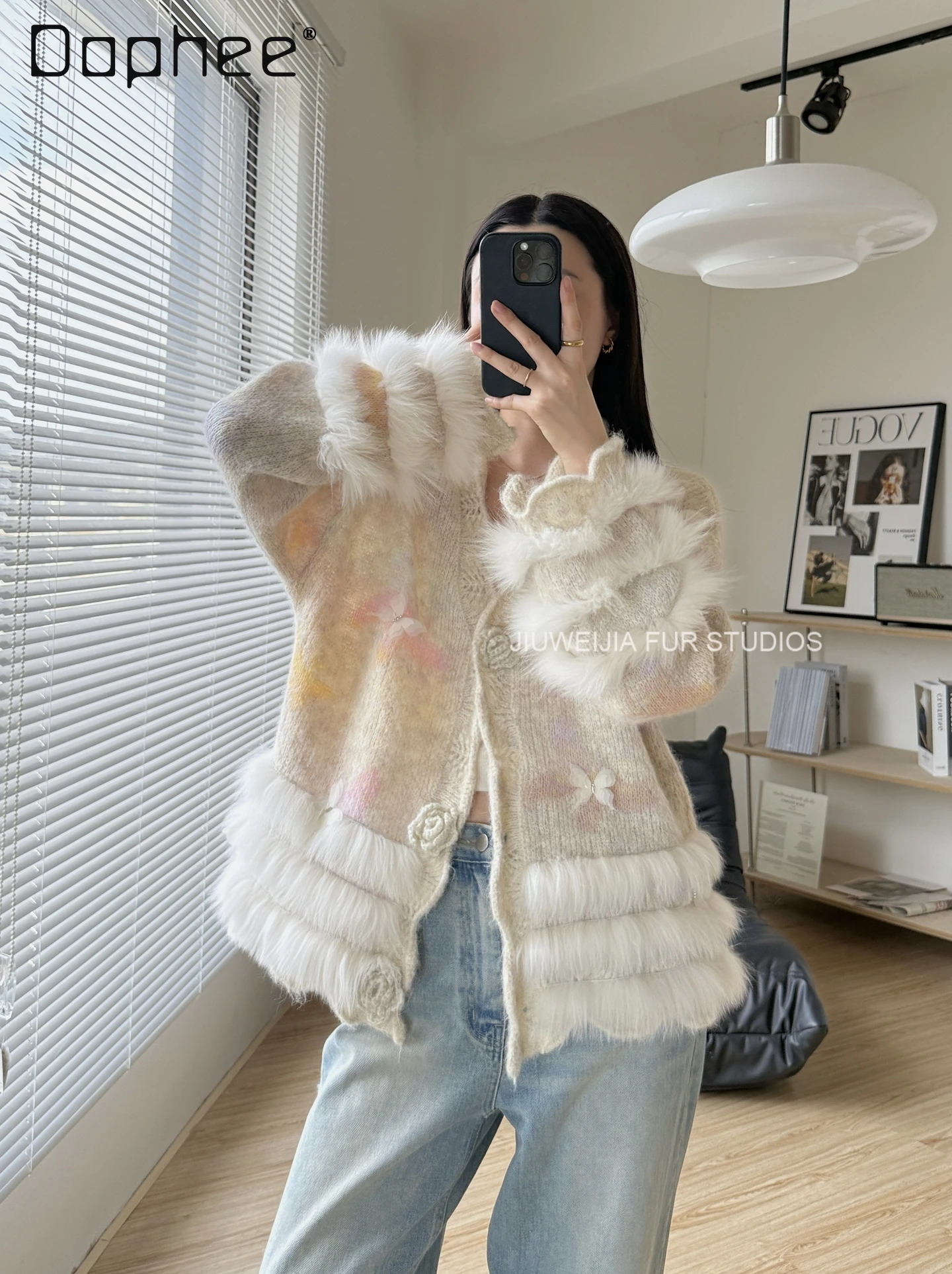 Herbst Winter Neue Süße Sanfte Schmetterling Druck Wolle Fuchs Pelz Verstärktes Strickjacke Pullover Frauen Elegante Mode Weiche Strickjacke