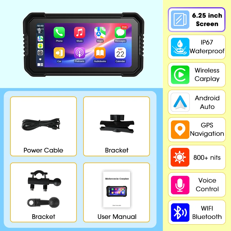 Jansite Motorfiets Display Scherm, Draadloze Carplay & Android Auto Moto GPS Navigator, IP67 Waterdichte Draagbare Motorfiets Dashboard, Dubbele Bluetooth 5.0, Ondersteunt Helm WIFI Intercom,