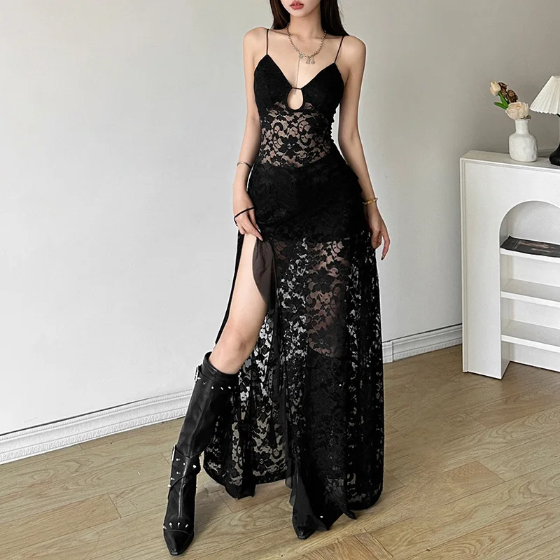 

Women Elegant Embroidery V Neck Black Dress Summer Beach Slim Lace Dresses Backless Casual A-line Sleeveless Sexy Maxi Dress Y2k