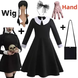 Wednesday Addams sukienka dla dziewczynki dzieci Halloween z długim rękawem kostium księżniczki wiosna jesień dzieci czarny gotycki strój codzienny