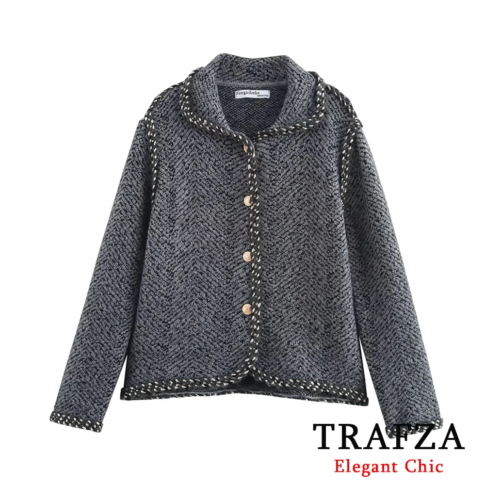 TRAFZA-Women Elegent Woven-Trimmed Knit Coat Lapel Buttons Sweater New 2024 Autumn Winter Fasion Lazy Cozy Communter Sweater