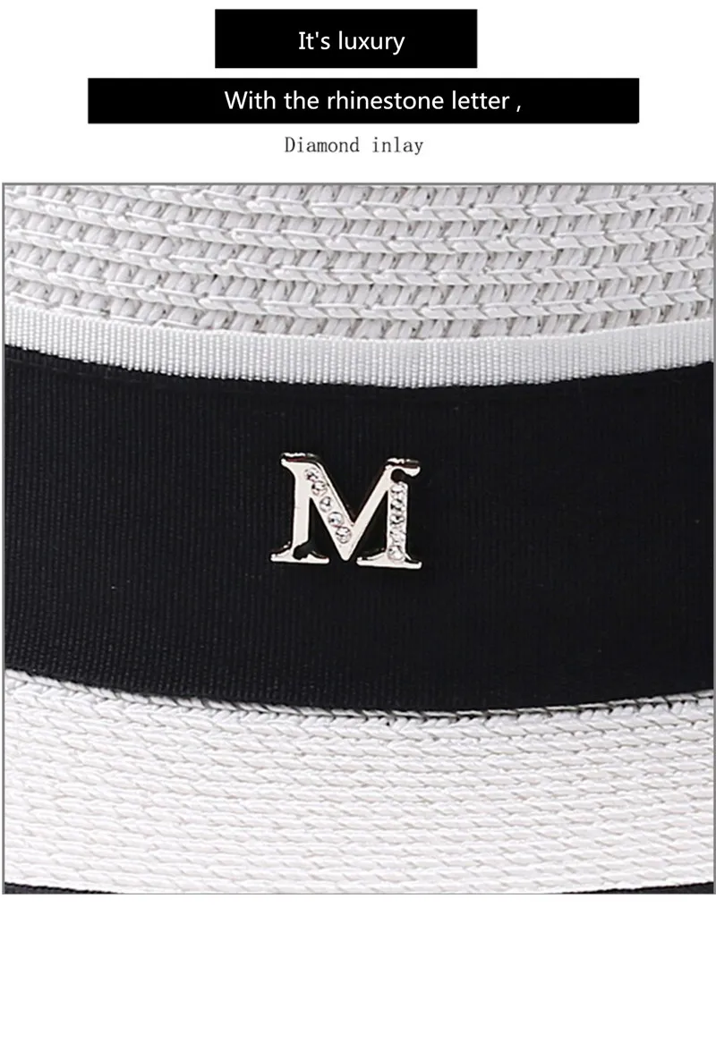 Sommer Outdoor M-Buchstabe Strass Flacher Rand Sonnenhüte Sommer Damen Bowler Hut Strohkappe für Reisen und Einkaufen – Detail 23