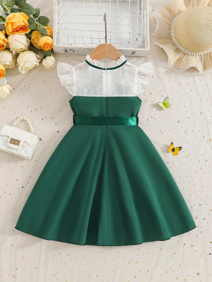 3-10Y Toddler Girls Summer Mesh Patchwork Dress Adorable Bow Decor Sheer Ruffle Flying Sleeve Frill Mock Neck Dress with Belt