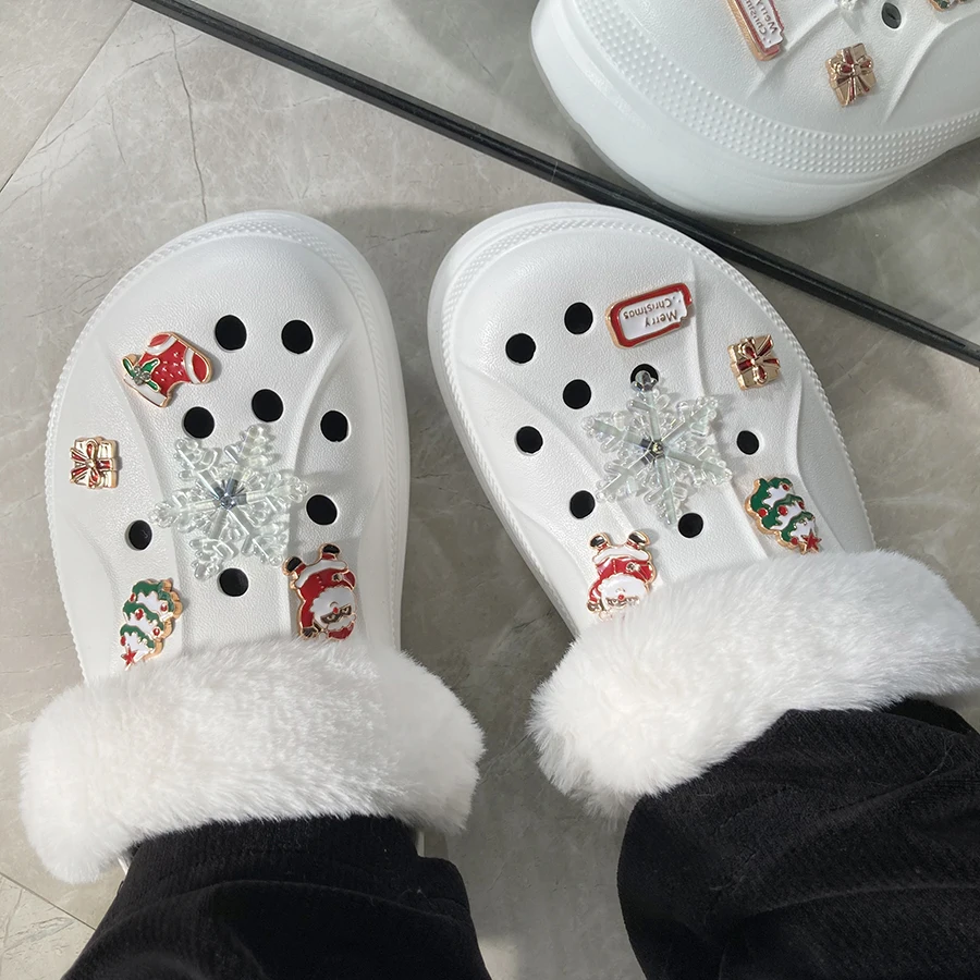 

10pcs Christmas Vibe Snowflake Cute Decoration Charms And Fuzz Furry Heel Strap Suitable For Crocs Clogs Gift