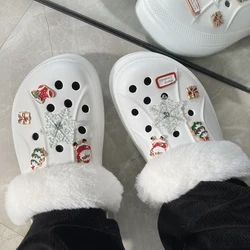 10pcs Christmas Vibe Snowflake Cute Decoration Charms And Fuzz Furry Heel Strap Suitable For Crocs Clogs Gift