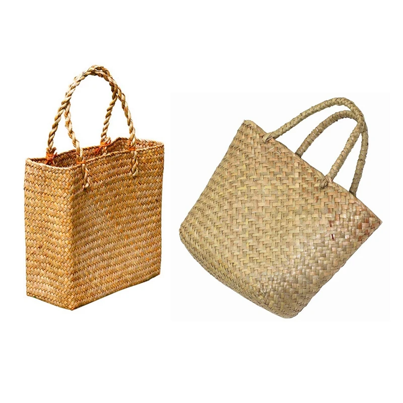 

2 Pcs Fashion Straw Summer Women Beach Handbags Female Flap Handbags Designer Lady Retro Rattan Handmade Tote Bag Straw Beach Se