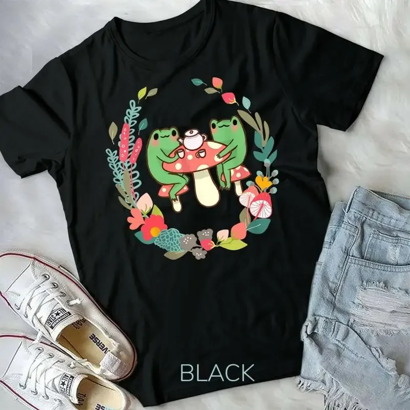 Frogs Drinking Tea Mushroom Cute Cottagecore Aesthetic Frog Unisex Form T Shirt