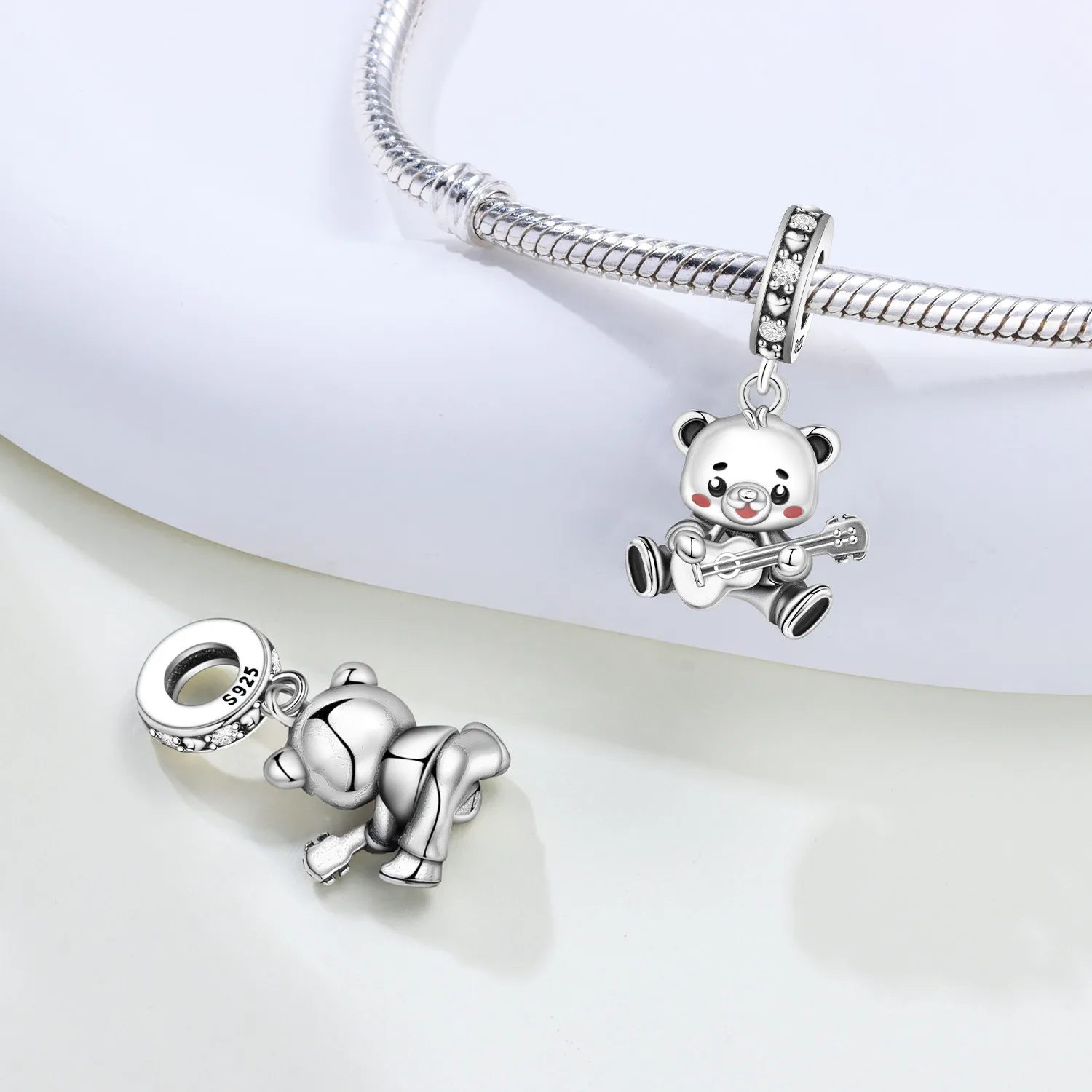 Orstarry 925 Sterling Silver Bear Playing Guitar Beads Original Pendants Bracelet Charm Jewelry DIY Necklace Bracelet Fine Gifts