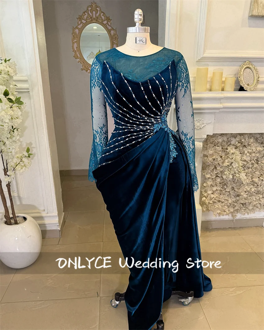 

Middle East Mermaid Evening Dresses Velvet Long Sleeves Bead Gems Gowns Birthday Dress Formal Occasion Robe Customized