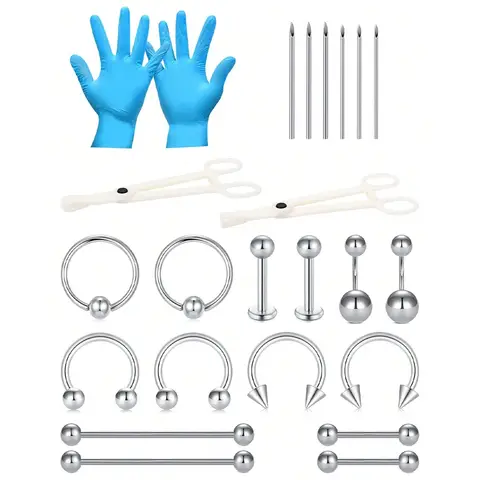 Stainless Steel Piercing Kit 14G/16G Belly Button Piercing Kit Septum Piercing Kit Lip Tongue Nipple Ear Piercing Kit