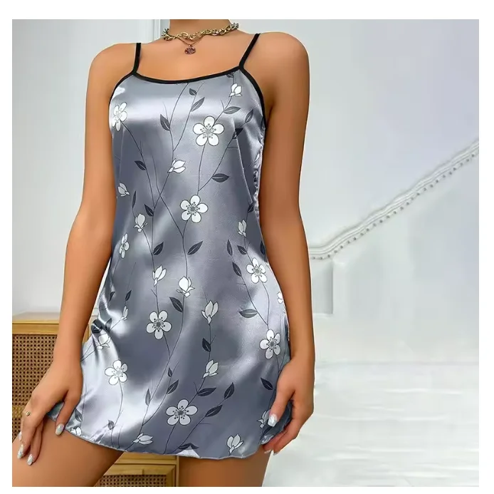 Ladies Sexy Sling Nightgown Nightdress Women\'s Sexy Lingerie Silk Satin Sleepwear Floral Pinting Nightwear Homewear Mini Dress