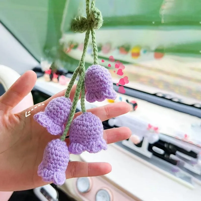 Cute Handmade Crochet Lily of The Valley Flower Car Pendant Bluebell Flower Car Rearview Mirror Hanging Keychain Decoration Gift