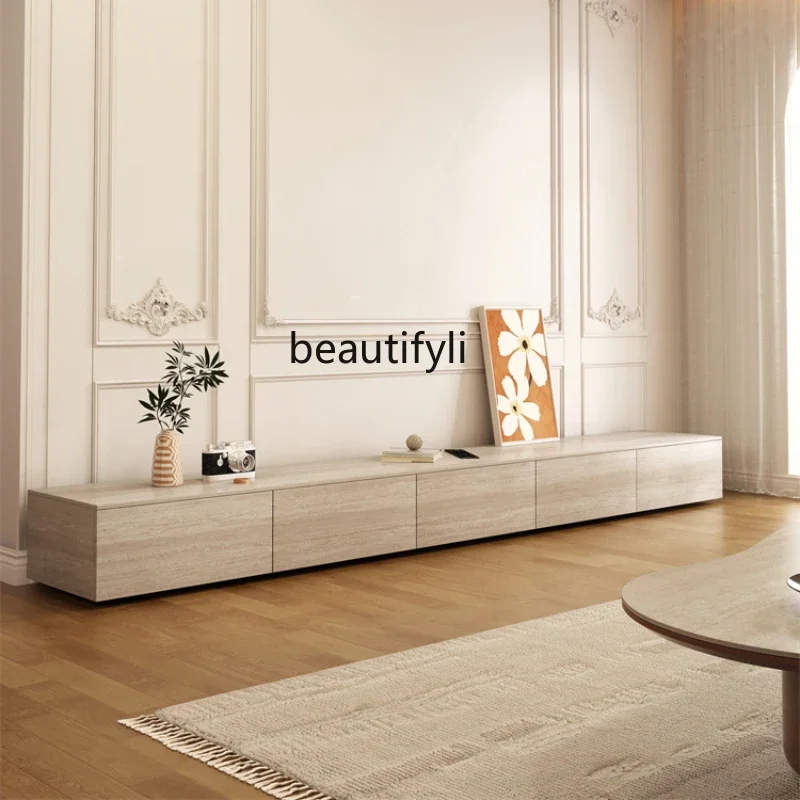 

Travertine slate floor table, modern living room home coffee table TV cabinet combination