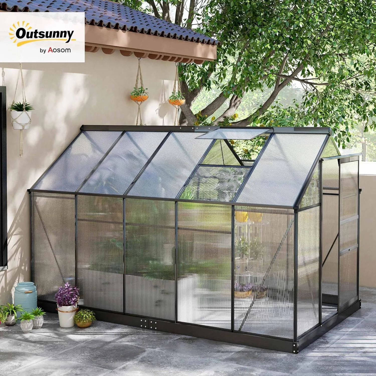 

Aluminum Polycarbonate Walk In Greenhouse, Rain Gutter & Roof Vent, Outdoor, 6' x 10', Custom