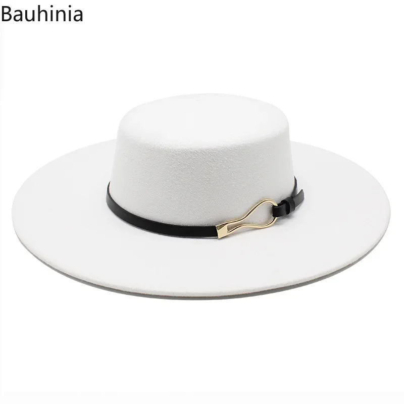 Bauhiniua – casquette en feutre de laine Fedoras Jazz, chapeaux d\'église chauds et plats de 10CM à large bord de couleur unie pour hiver 2022