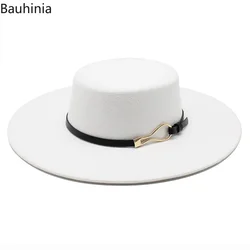 Bauhiniua Wool Felt Fedoras Jazz Cap 2022 Winter Warm Flat Top Hats 10CM Big Wide Brim Solid Color Church Hats