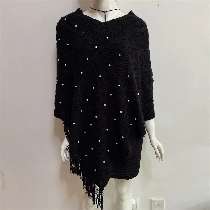 

European American Women Spring Autumn New Lazy Wind V-neck Tassel Nail Bead Cloak Sweater Lady Scarf Cloak keep Warm Black