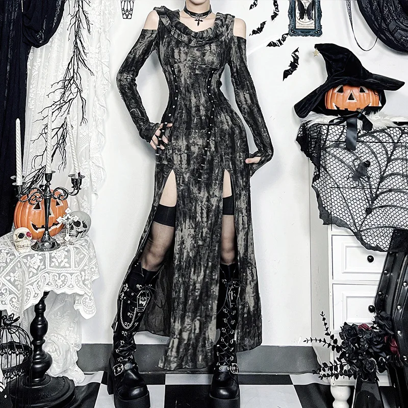 

Wasteland Style Vintage Hooded Midi Long Dress Halloween Gothic High Split Bandage Hollowed Out Shoulder Gothic Punk Dresses 90s