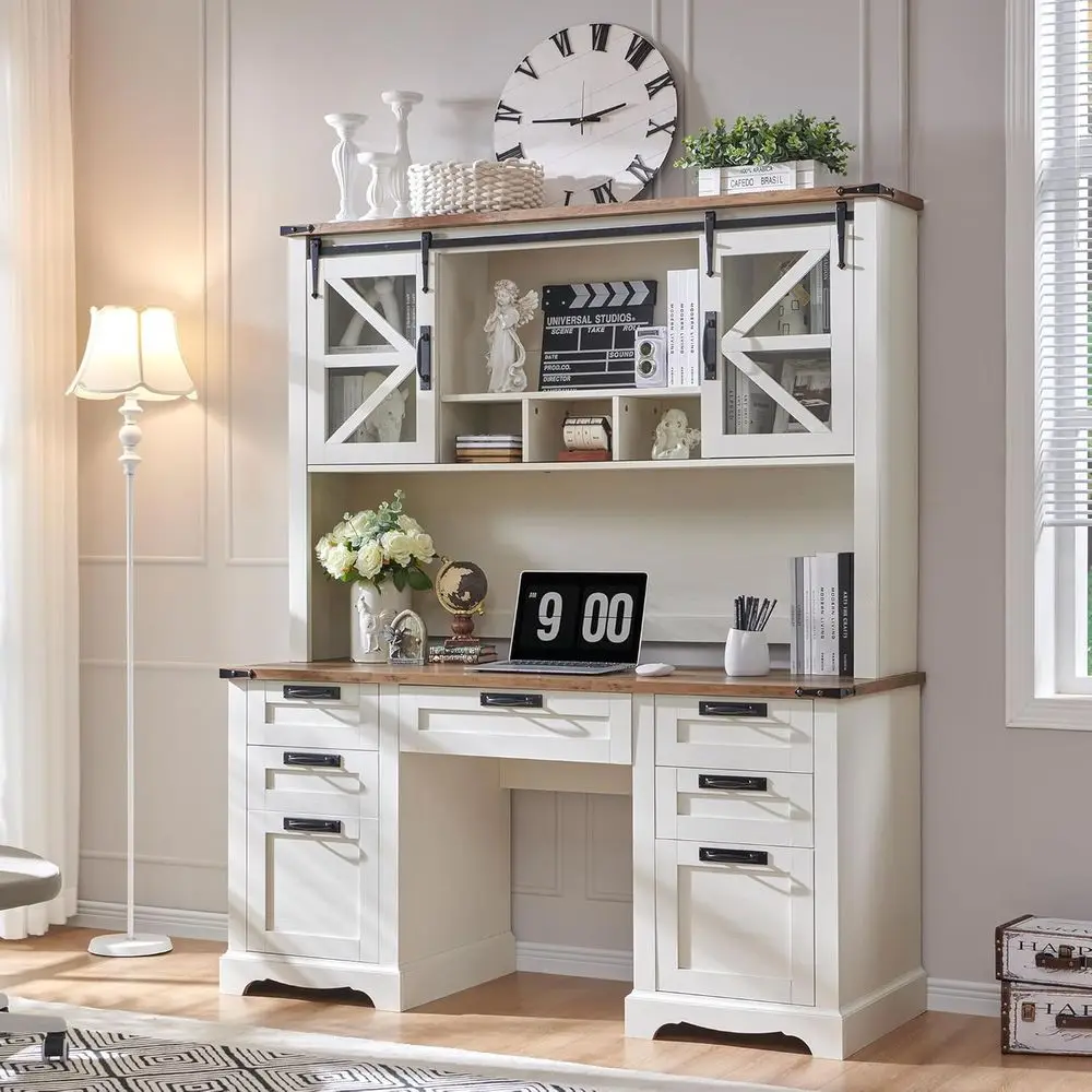 

60 Antique White Rustic Wood Executive Desk with Hutch, Charging Station, Keyboard Tray, and Storage Cabinet