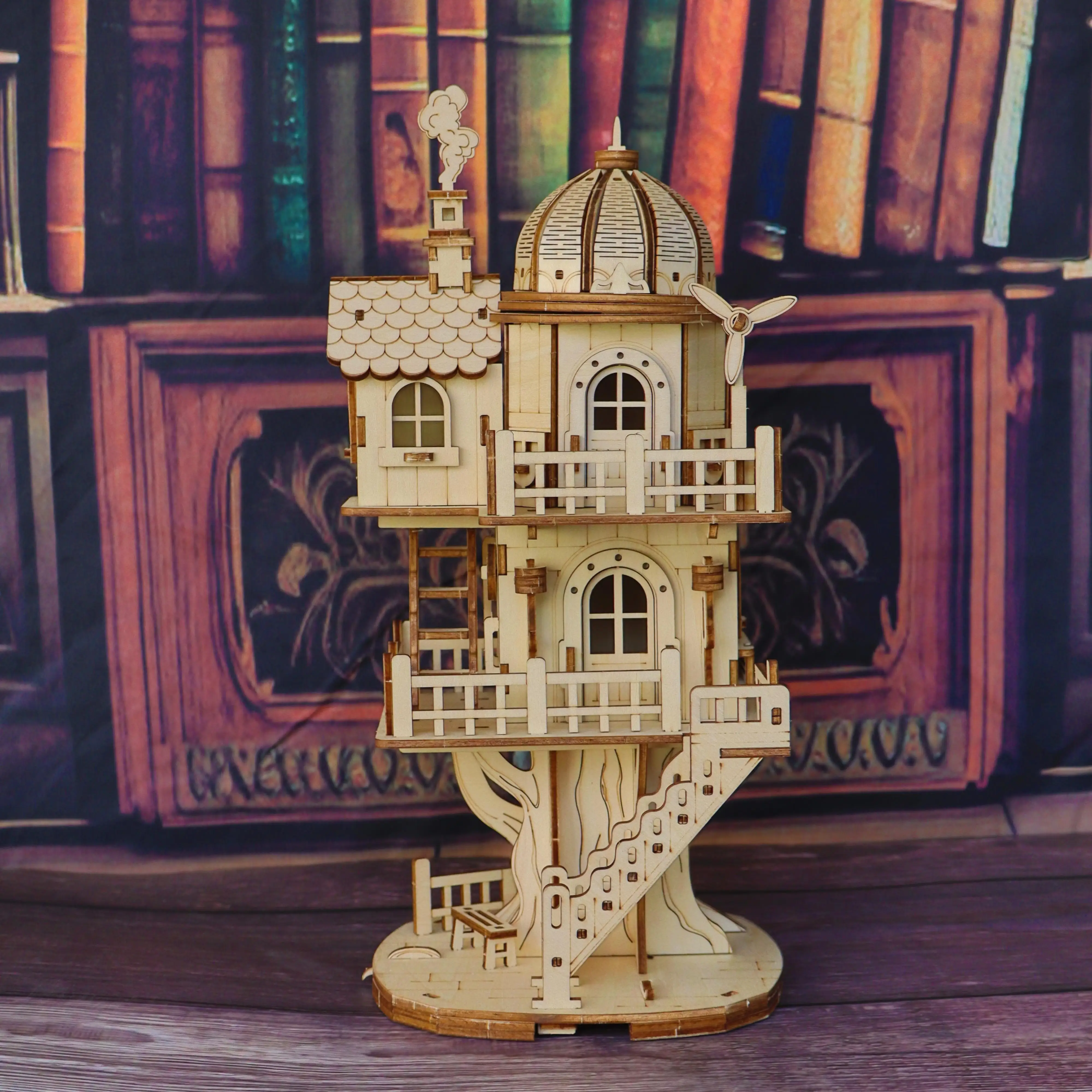 3D wooden puzzle model of treehouse, wooden forest cottage villa, multi story dome building assembly model, handmade DIY creativ