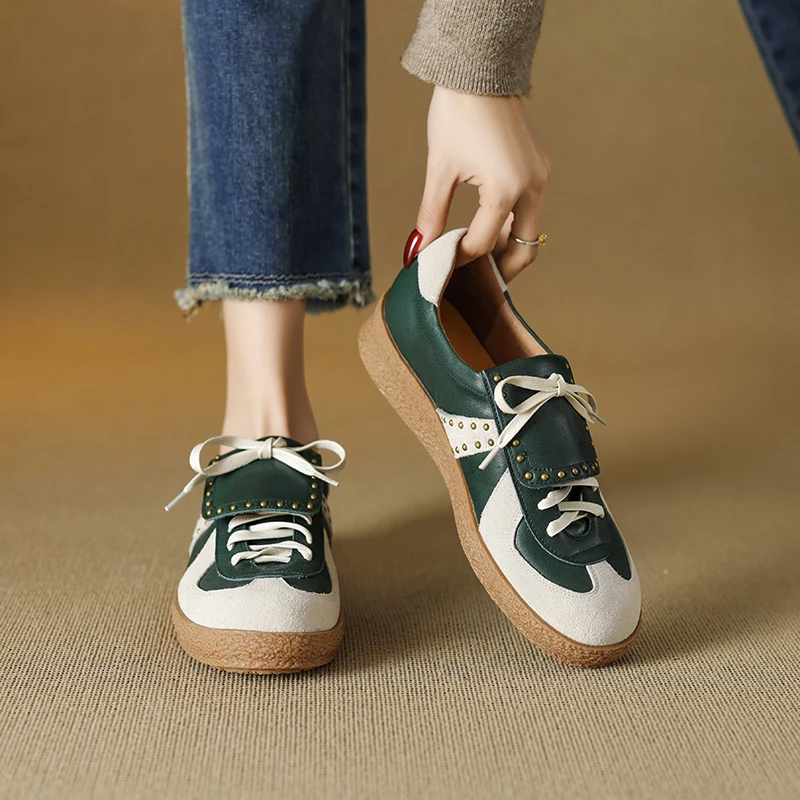 Genuine Leather Cowhide Women Sneakers,Lace-Up Round Toe Rivet German Trainer Shoes,Fashion Women Shoes