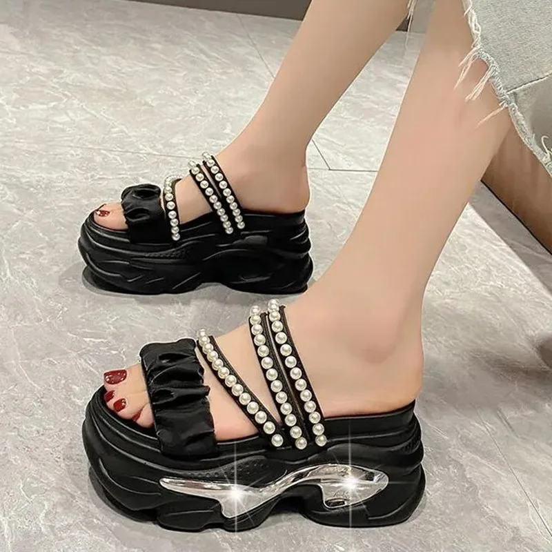 Zomer Platform Bling Sandalen Vrouwen Ademende Wiggen Hoge Hakken Dames String Kraal Strand Slippers Dikke Schoenen Sandalias Mujer