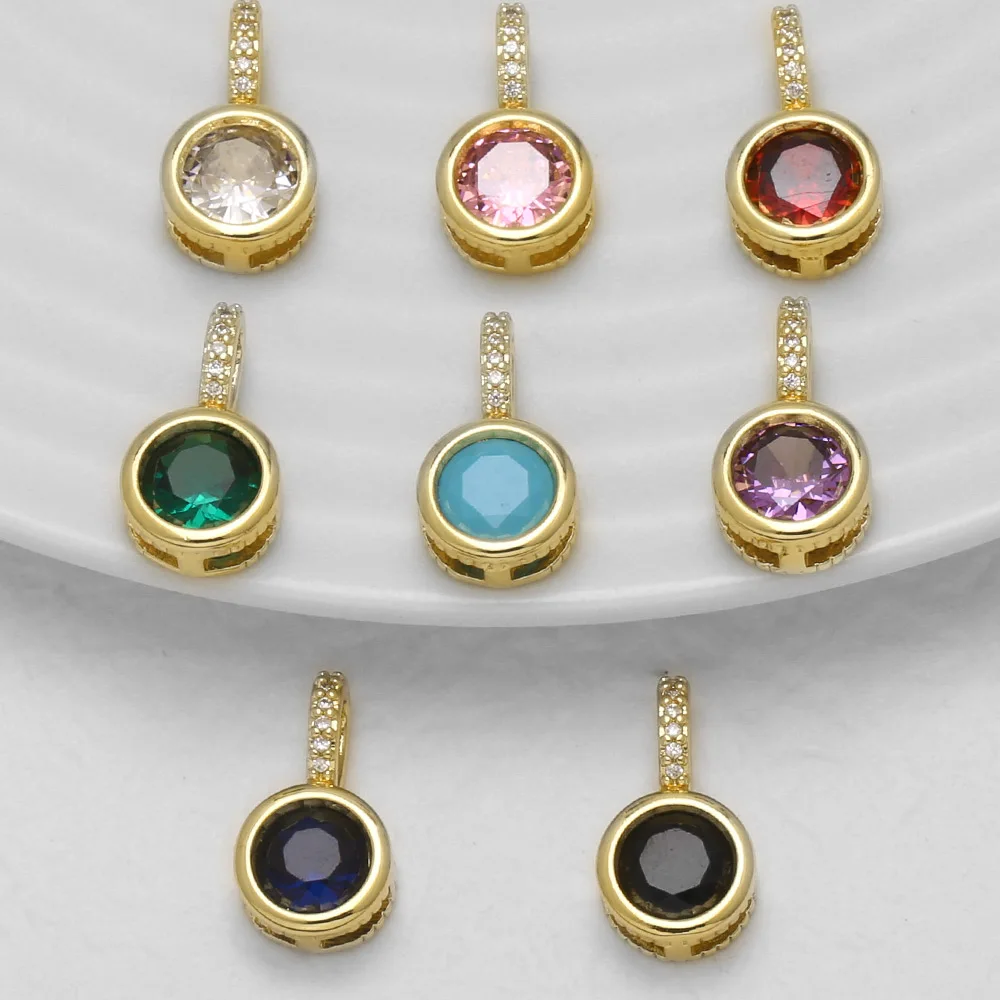 OCESRIO Brass Round Zircon Gemstone Pendant for Necklace Copper Gold Plated Bracelet DIY Jewelry Making Supplies pdtc057