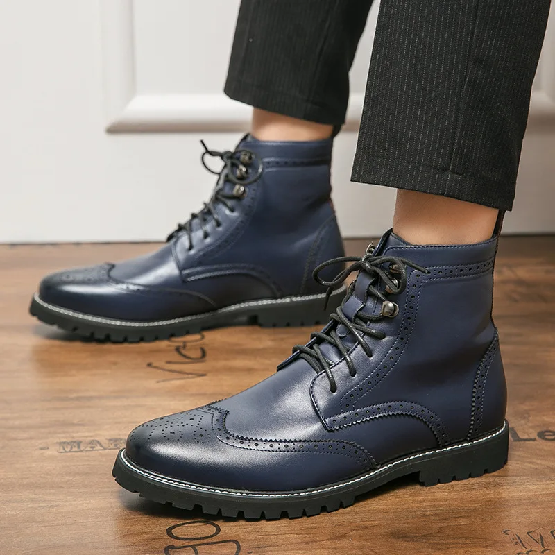 Classic Business Men's Brogue Boots British Style High Top Blue Dress Shoes Man Pointed Leather Ankle Boots For Men Plus Size 48