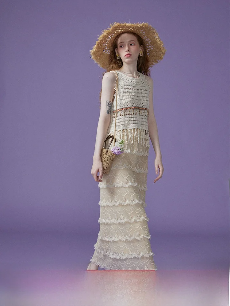 

Романтичная вязаная джинсовая юбка с вырезами и бахромой, с высокой талией, из хлопка, для путешествий, свободного кроя, летняя, женская