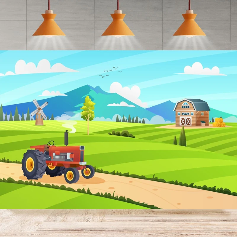 

Cartoon Farm Barn Photography Backdrop Tractor Farmland Grassland Village Farm Scenery Background Party Backdrop Wall Banner