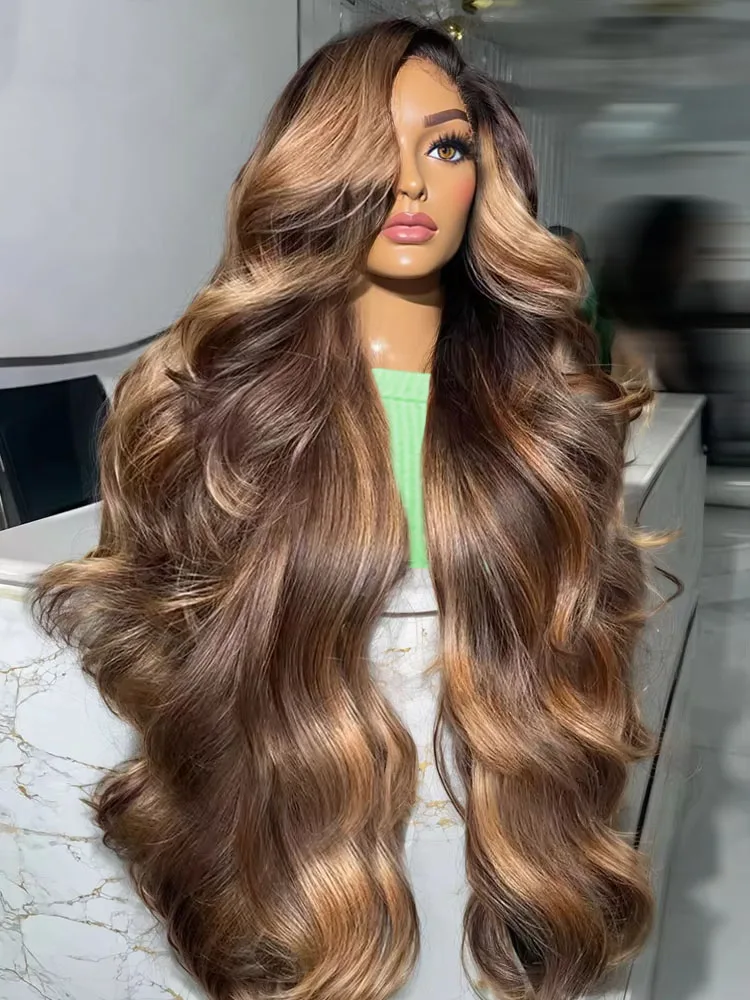 

Highlight Wigs Human Hair Body Wave 13x6 HD Lace Frontal Wig 4/27 Ombre Brown Lace Front Preplucked Colored Raw Water Wave 180%